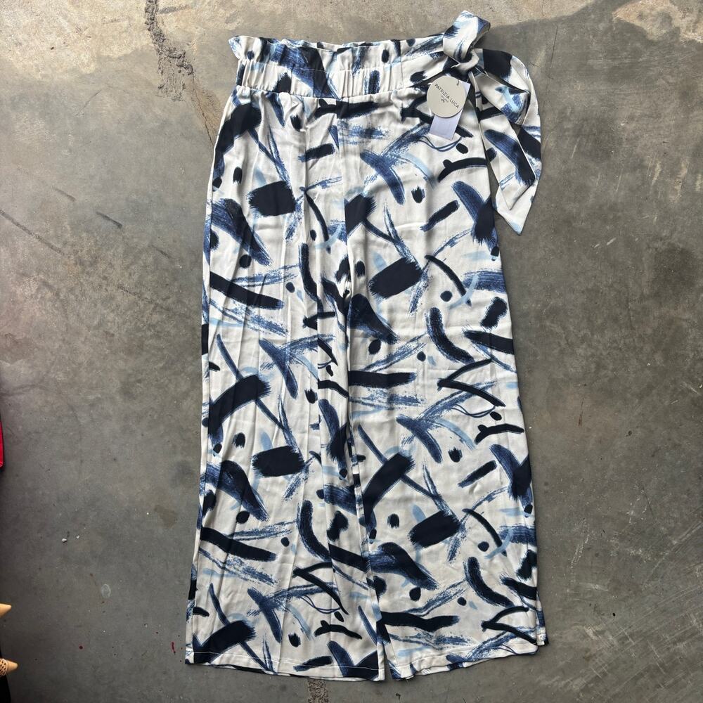 Patrizia Luca Wide Leg Pants Women's S Navy Printed Bold Pattern Elastic Waist